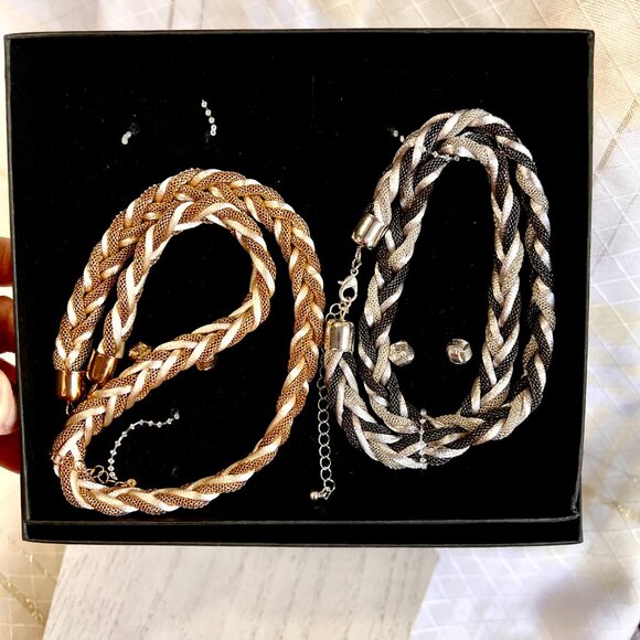 Braided Necklace and Earrings Set of 2, Gold and Black Woven Corded - Picture 10 of 10